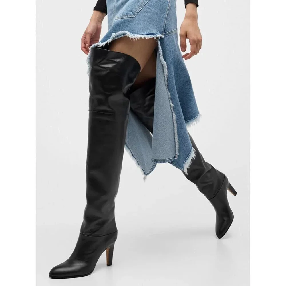 🆕Womens Black Synthetic Thigh High Pointed Toe Chunky Heel Over the Knee Boots